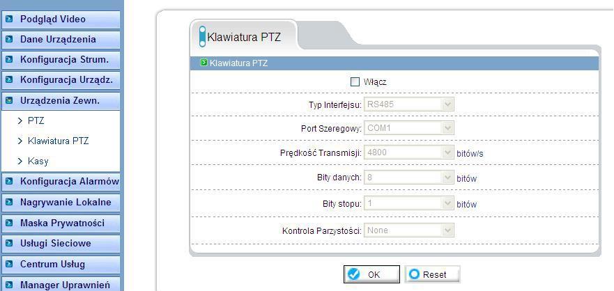 - Klawiatura PTZ ustawienia