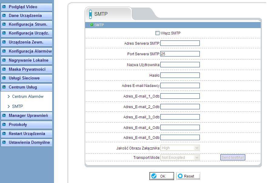 - SMTP ustawienia parametrów