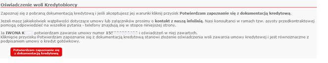 Po zapoznaniu się z dokumentami, należy wrócić na ekran Obsługi elektronicznej umowy, gdzie pojawi się sekcja Oświadczenia woli Kredytobiorcy.