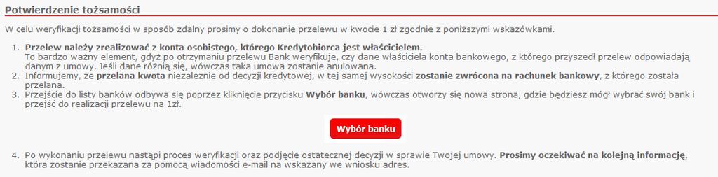 Wybranie przycisku otwiera stronę z listą banków, z której należy wybrać bank z jakiego będzie realizowany przelew.