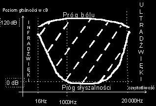 Poziom natężenia dźwięku L 10log I I 0 I 0 - natężenie badanej fali dźwiękowej - natężenie progu
