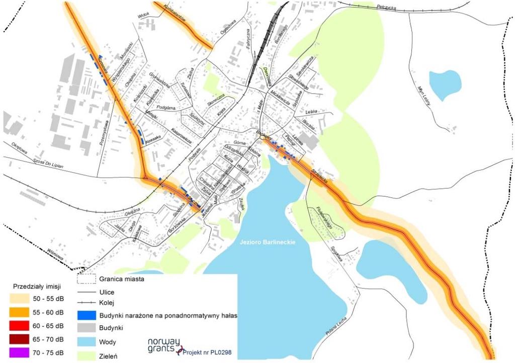 Mapa 4.1. Mapa imisyjna hałasu drogowego wyrażona wskaźnikiem L DWN Barlinek (źródło: WIOŚ w Szczecinie) Mapa 4.2.