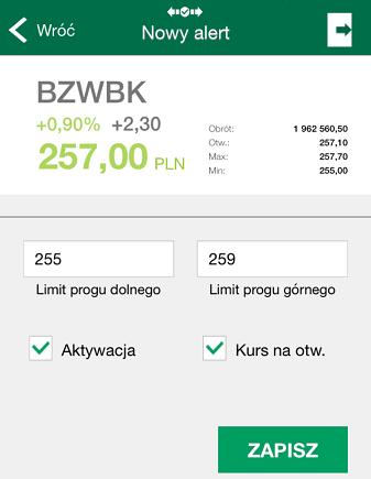 Po wybraniu instrumentu wprowadź przynajmniej jedną z dwóch wartości: limit progu dolnego (alert wysyłany przy