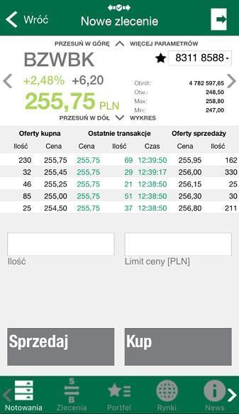 SKŁADANIE ZLECENIA UPROSZCZONEGO CZ.2 Na ekranie Nowego zlecenia dostępne są informacje dotyczące notowań instrumentu na danej sesji, w tym najlepsze oferty i ostatnie transakcje.
