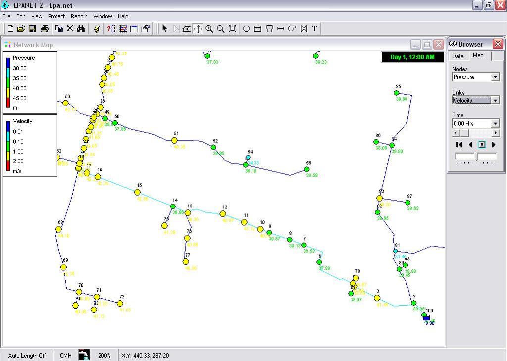 Model sieci w programie EPANET wizualizacja wartości ciśnień oraz prędkości