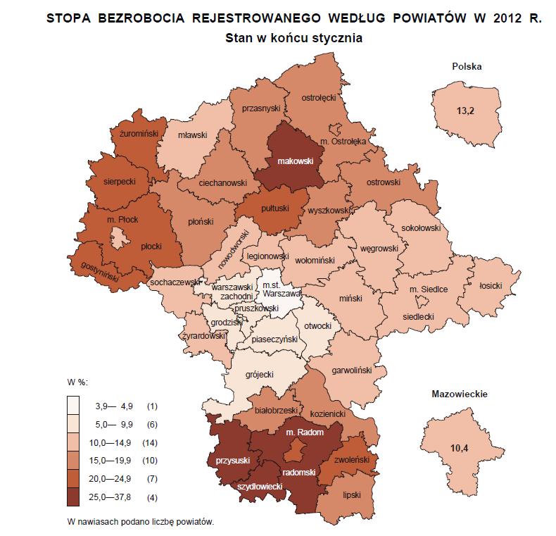 Mapa 1. Stopa bezrobocia rejestrowanego według powiatów w styczniu 2012 r.