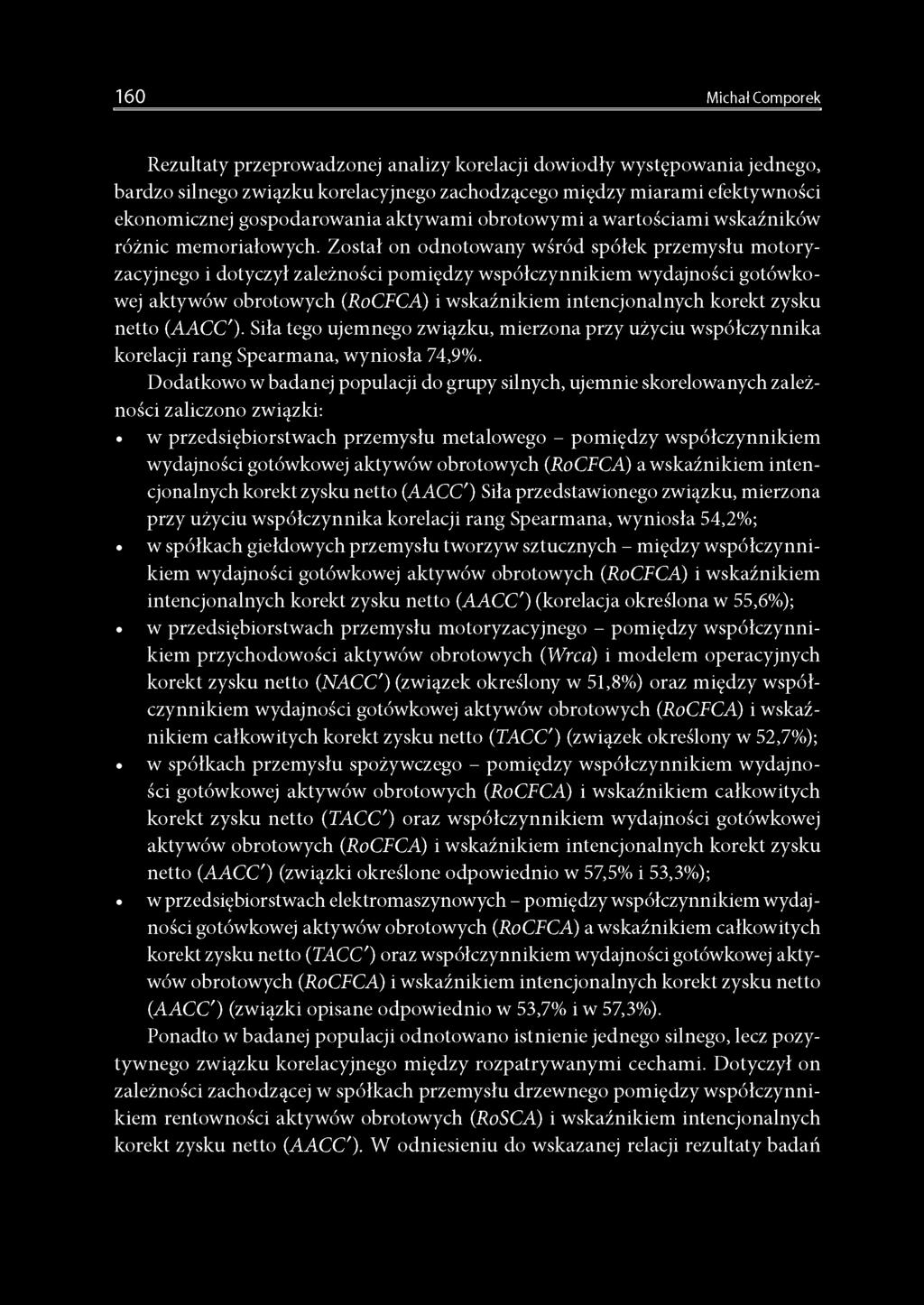 Został on odnotowany wśród spółek przemysłu motoryzacyjnego i dotyczył zależności pomiędzy współczynnikiem wydajności gotówkowej aktywów obrotowych (RoCFCA) i wskaźnikiem intencjonalnych korekt zysku