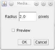 Rysunek 6: Okno wyboru promienia filtru medianowego. Aby przeprowadzić filtrację medianową w programie ImageJ należy wybrać opcję Median z menu Process->Filters.