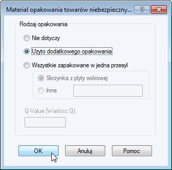 9. Wyświetli się okno Materiał opakowania towarów niebezpiecznych. Wybierz odpowiedni typ opakowania dla swojej wysyłki.