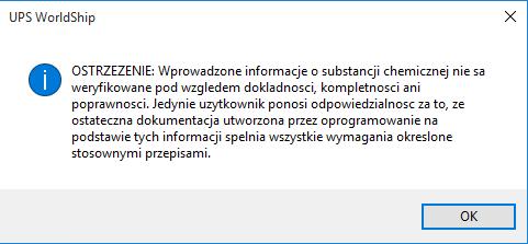 12. Po tym jak zostanie przetworzona wysyłka towarów niebezpiecznych na ten dzień, wyświetli się komunikat z ostrzeżeniem.
