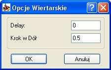 Wybierz typ Peck aby wykonać cykl wiertarski z łamaniem wióra. Kliknij na przycisk Dane, aby zdefiniować parametry łamania. Wyświetli się okno dialogowe Opcje Wiertarskie.
