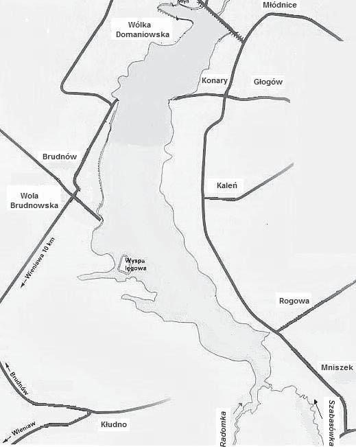 RYSUNEK1. Lokalizacja zbiornika Domaniów FIGURE 1. Location of Domaniów reservoir ny Wolanów znajdują się tylko tereny przylegające do zbiornika. Przy maksymalnym poziomie piętrzenia (158,50 m n.p.m.) powierzchnia zwierciadła wody wynosi prawie 500 ha i zbiornik jest w stanie zgromadzić blisko 13 mln m 3, a pojemność powodziowa wynosi 4,28 mln m 3.
