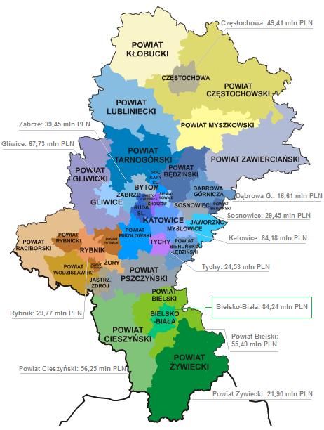 Środki UE (2007-2013) pozyskiwane przez sektor przedsiębiorstw Mapa dofinansowania RPO Województwa Śląskiego na lata 2007-2013 Priorytety I i III Działania dla sektora mikro, MŚP (wg siedziby