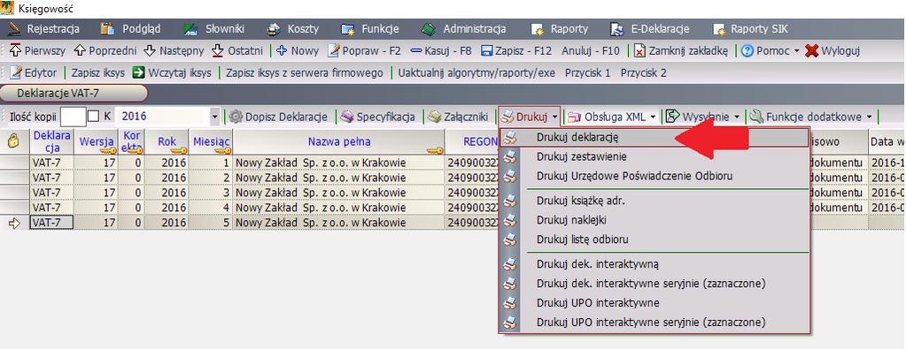 Generowanie deklaracji korekty: W celu skorygowania istniejącej deklaracji należy najpierw zaznaczyć istniejącą już deklarację a następnie uruchomić funkcję Dopisz deklaracje wybierając wcześniej Typ