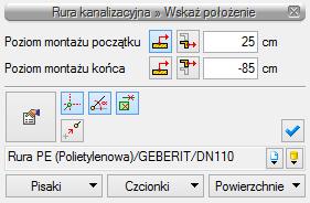 Wybierz ikonę na wstążce Kanalizacja, aby wprowadzić rurociąg pionowy kanalizacji sanitarnej W oknie wstawiania poziom montażu początku wpisz 25 i zaznacz pobierz z elementu, poziom montażu końca