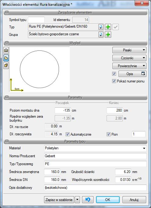 Rys. 20. Okno z wstawianą rurą pionową Wybierz ikonę na wstążce Kanalizacja, aby wprowadzić rurociąg kanalizacji sanitarnej Włącz przyciski Pobierz z elementu i Wykrywanie elementów i odcinków, Rys.