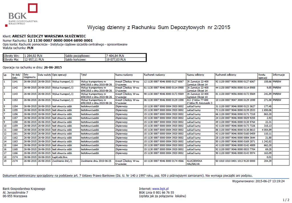 62 Wyciąg dzienny zawierający informację z danego dnia, który w formie pliku pdf jest do pobrania Rys.