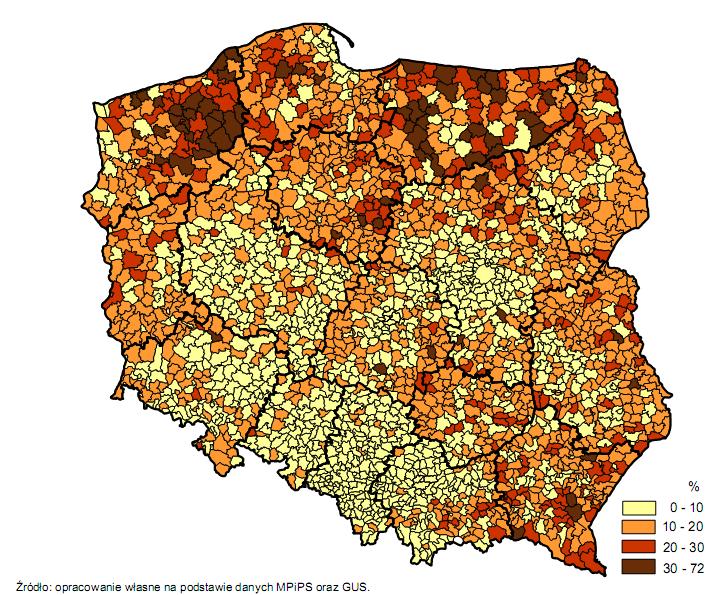 Zróżnicowanie przestrzenne - udział beneficjentów pomocy społecznej w liczbie ludności ogółem (2008 r.