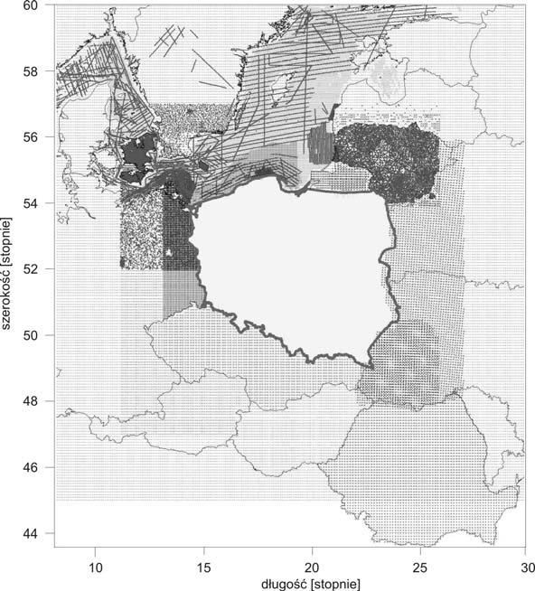 Centymetrowa geoda na obszarze Polsk... 9 Rys. 1. Rozkład nazemnych morskch lotnczych danych grawmetrycznych 2.