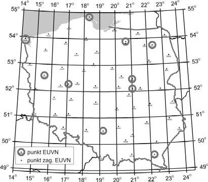 19 cm, δλ = 0.22 cm, δh = 0.28 cm, zaś błąd ch anomal wysokośc został ocenony na równy 2 cm (Kryńsk n., 2005d). Rys. 3. Stacje sec EUVN Seć WSSG (rys.