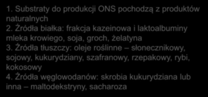 SKŁAD DSP/ONS 1. Substraty do produkcji ONS pochodzą z produktów naturalnych 2. Źródła białka: frakcja kazeinowa i laktoalbuminy mleka krowiego, soja, groch, żelatyna 3.