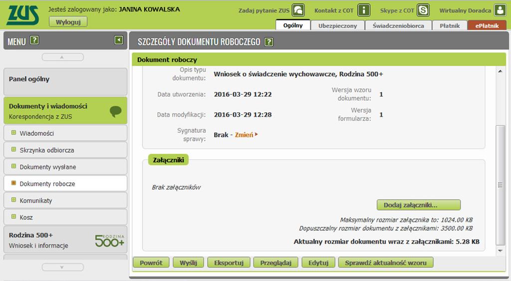 Pojawi się komunikat informujący o sposobie dalszego procedowania wniosku. Rola ogranicza się do umożliwienia osobom posiadającym profil PUE złożenie elektronicznego wniosku o świadczenie wychowawcze.