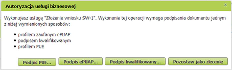 Po zamknięciu komunikatu informującego o sposobie dalszego procedowania wniosku wyświetli się komunikat informujący, że aby wysłać dokument, musisz go podpisać certyfikatem kwalifikowanym, profilem