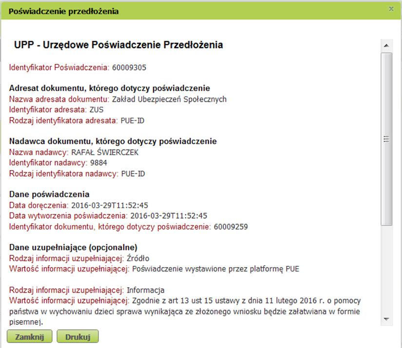 w [Szczegółach dokumentu wysłanego], będzie dostępne Urzędowe