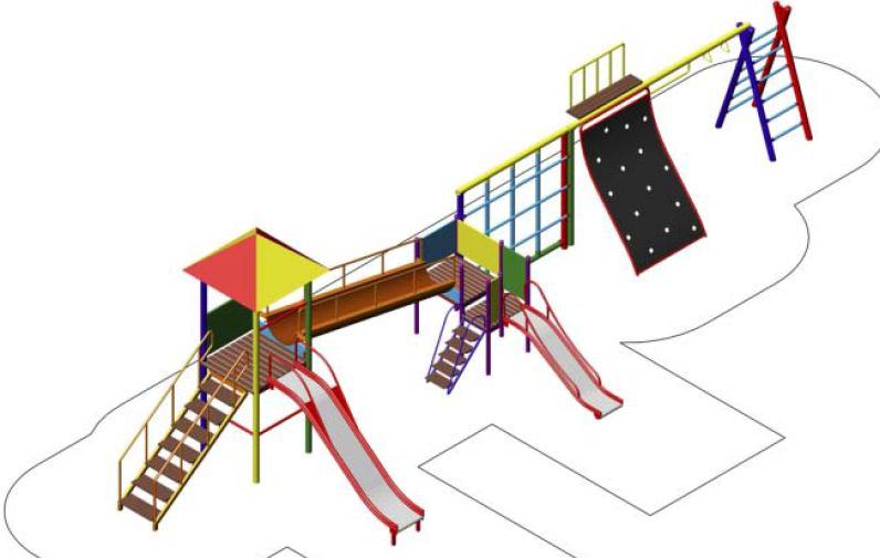 3. Dostawa i montaż następujących urządzeń placu zabaw : zestaw zabawowy składający się z : wieży z trapem, schodami i zjeżdżalnią, pomostu stałego pochyłego, małego trapu ze schodami, przeplotni