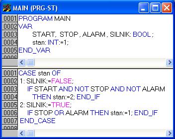 4. Automat start &&!stop &&!alarm!start stop alarm 1 2!stop &&!alarm silnik = 0 stop alarm silnik = 1 Oznaczenia jak w języku C. 5. Programy C ST Start Stop CASE 6.