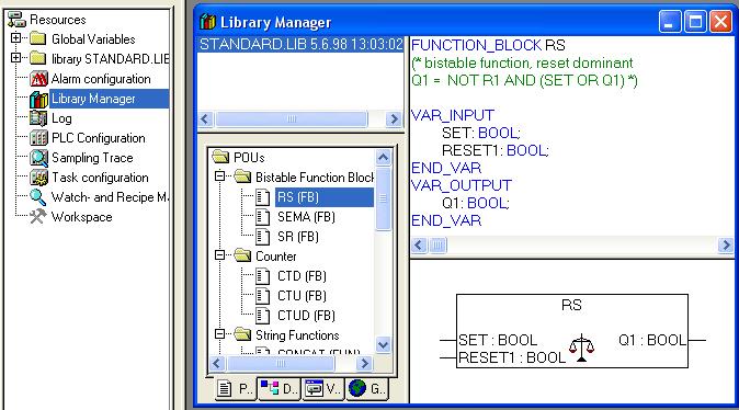 3. Biblioteczny blok RS (TwinCAT) Zasoby projektu Resources (prawa dolna ikona pod