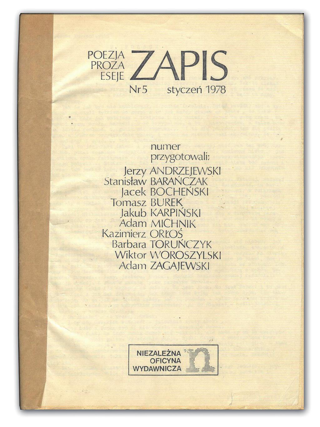 Pierwsza strona czasopisma Zapis 1978,