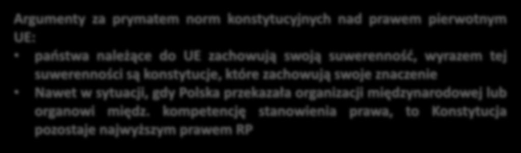 Argumenty za prymatem norm konstytucyjnych nad prawem pierwotnym UE: paostwa należące do UE zachowują swoją suwerennośd, wyrazem tej suwerenności są konstytucje, które zachowują swoje znaczenie Nawet