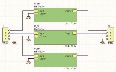 Projektowanie płytek za pomocą Altium Designer Summer 09 Rysunek 119. Schemat obwodu stabilizatora napięcia Rysunek 117. Bloki filtrów umieszczone na schemacie Rysunek 118.