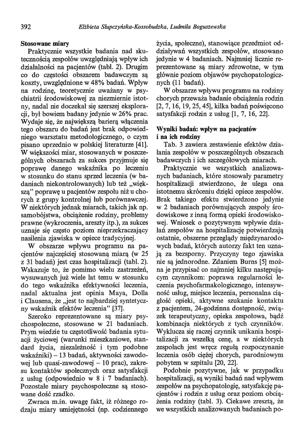 392 Elżbieta Slupczyńska-Kossobudzka, Ludmila Boguszewska Stosowane miary Praktycznie wszystkie badania nad skutecznością zespołów uwzględniają wpływ ich działalności na pacjentów (tabl. 2).