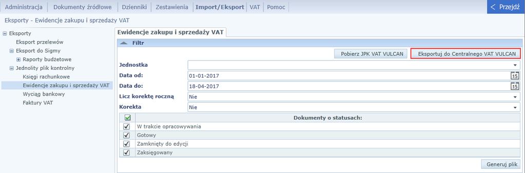 Centralny VAT VULCAN. Jak przygotować zbiorczy plik JPK VAT i przesłać go do urzędu skarbowego?8/12 Dane rejestru VAT jednostki zostaną przesłane do aplikacji Centralny VAT VULCAN.