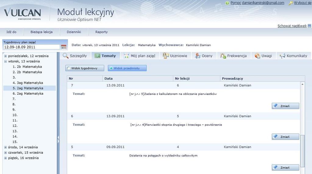 14 W celu wpisania tematu lub jego modyfikacji należy zaznaczyć wybrany wiersz tabeli i dwukrotnie kliknąć lewym przyciskiem myszy lub też w widoku przedmiotu nacisnąć przycisk.