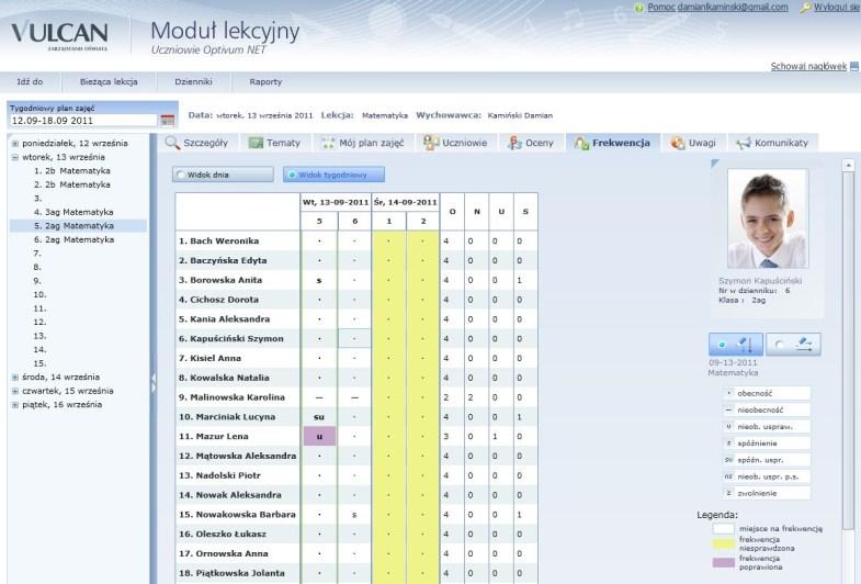 Praca z Modułem lekcyjnym Informacje tu zamieszczone można wyświetlić w układzie: widok frekwencji na dany dzień tygodnia; widok