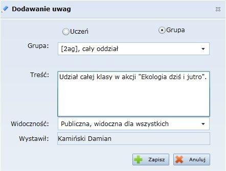 Praca z Modułem lekcyjnym Rysunek 16. Wprowadzanie uwagi o grupie uczniów. Aby zapisać uwagę, należy kliknąć przycisk.