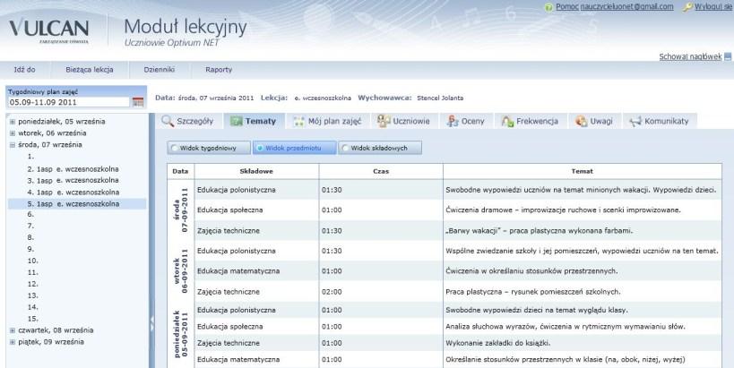 Przedmiotu ( ) widoczne są wszystkie lekcje dla przedmiotu, którego uczy nauczyciel wraz z podaniem składowych, czasu ich trwania oraz ich tematów.