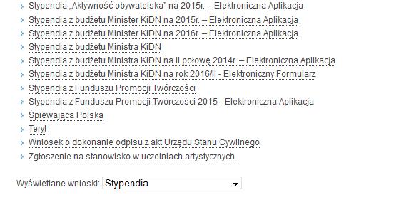 4. Po kliknięciu pola Wypełnij e-formularz pojawi się lista dostępnych wniosków w ramach Programów Ministra.