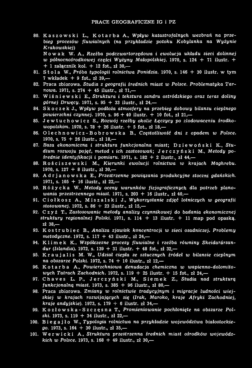 Studia z geografii średnich miast w Polsce. Problematyka Tarnowa. 1971, s. 274 + 45 ilustr., zł 71, 83. Wiśniewski E., Struktura i tekstura sandru ostródzkiego oraz teras doliny górnej Drwęcy.