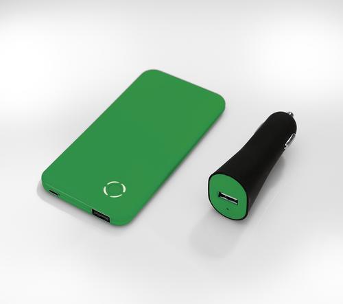 Kolor: zielony Wymiary: power bank: 125,8*64,8*9,6 car charger: 80*37*27 Opakowanie: eleganckie pudełko kartonowe Materiał: ABS, polikarbonat Znakowanie: Druk UV, 1 logo, 1 kolor.