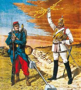 4. Francuska karykatura przedstawiająca stan stosunków francusko-niemieckich przed wybuchem I wojny światowej, artysta nieznany, 1913 r. Pierwszym z wielkich sojuszy było trójprzymierze.