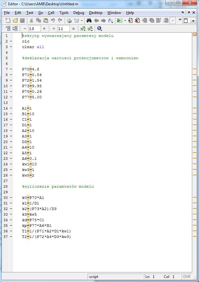 W kolejnym etapie tworzymy skrypt, w którym będą zapisane wartości parametrów modelu. W tym celu w oknie głównym Matlaba wybieramy File->New->Script. Wpisujemy polecenia zgodnie z rys. 3.