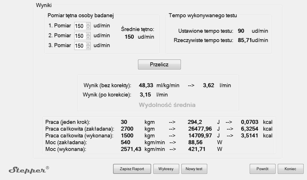 W prawym górnym rogu tego panelu umieszczono graficzny wskaźnik do kontroli położenia stóp osoby wykonującej próbę wysiłkową.