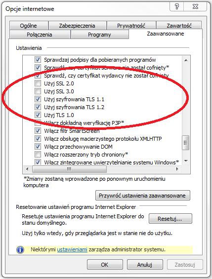 Źle ustawione opcje połączeń TLS Proszę sprawdzić, czy jest zaznaczone jest użycie wersji protokołu TLS 1.0, 1.1 i 1.2 oraz odznaczone użycie SSL opisane w rozdziale Wymagania systemowe. Rys.