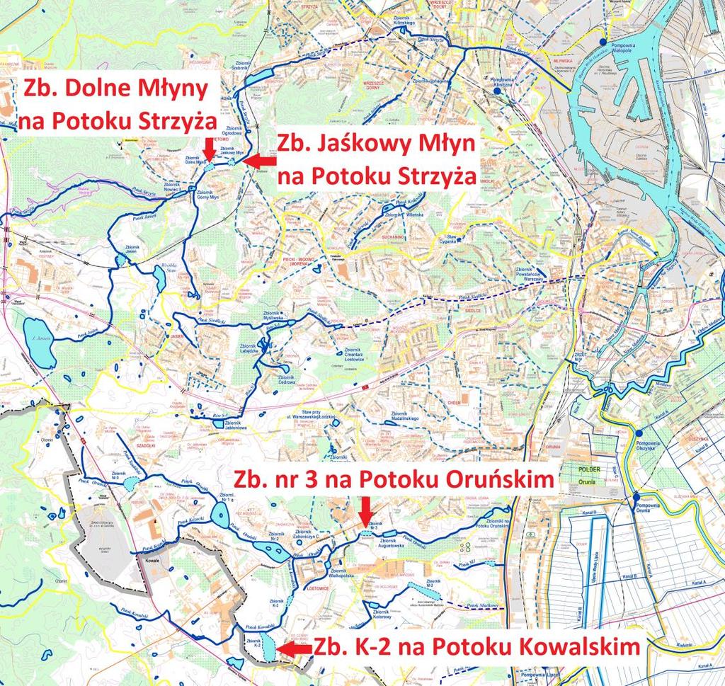 DALSZE PLANOWANE INWESTYCJE W INFRASTRUKTURĘ Zlewnia potoku Strzyża i kanału Raduni 4 Zbiorniki retencyjne o