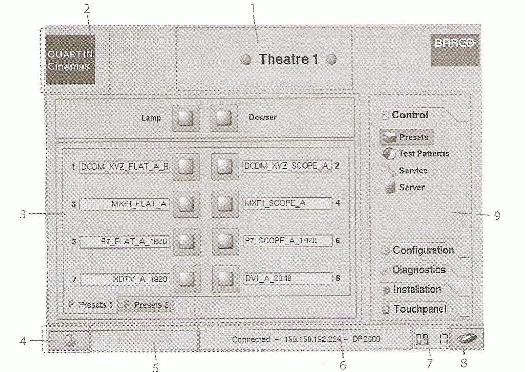 1- nazwa projektora 2- obrazek 3- przyciski kontroli formatu (w górnej części lampa i dowser) 4- przycisk wyboru użytkownika 5- pasek nazwy użytkownika 6- status aktywości (połączenie Ethernetu),