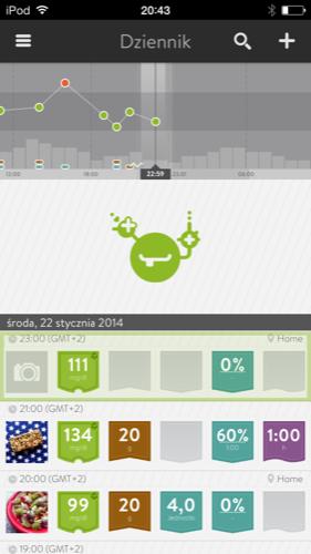 Analiza wpisów w menu Wpisy Klikając na Wpisy w menu bocznym, znajdziesz wszystkie swoje dane w kolejności chronologicznej. Nad danymi znajduje się wykres pokazujący wzloty i upadki Twojej glukozy.
